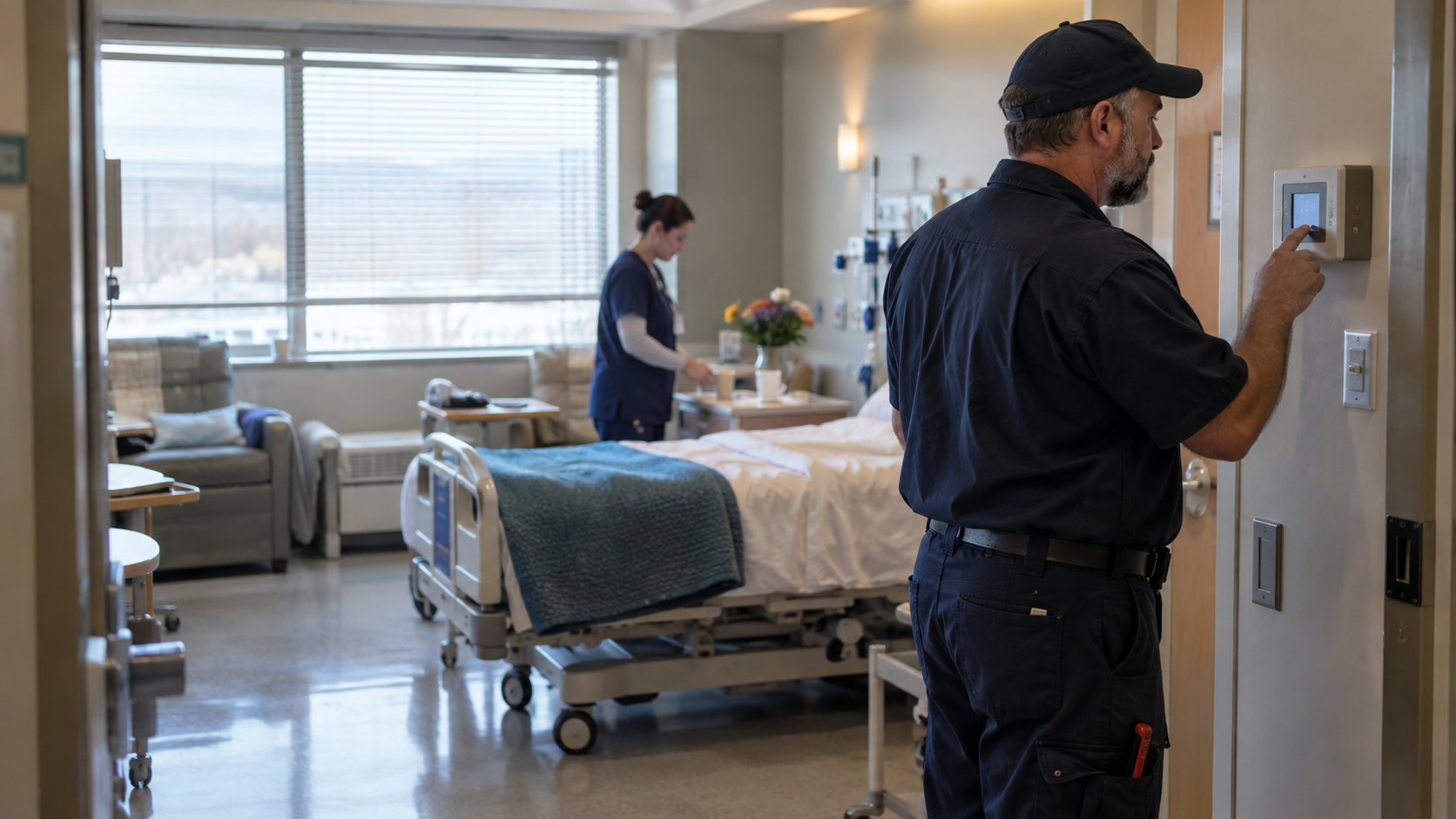 A facilities engineer reviews a wall-mounted control in an active patient-care room